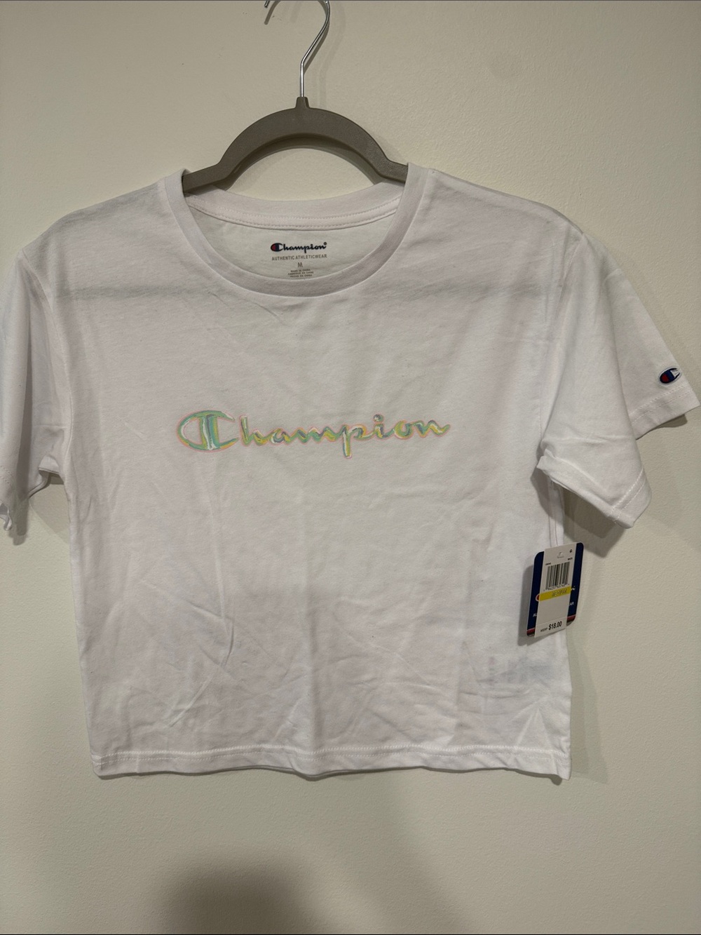 Champion White Kids' Short Sleeve Tee with Iridescent Logo